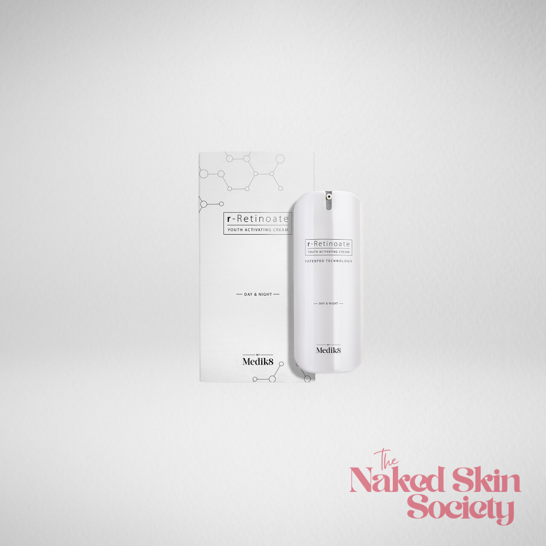 Medik8 skincare product packaging on a light gray background with 'The Naked Skin Society' branding.