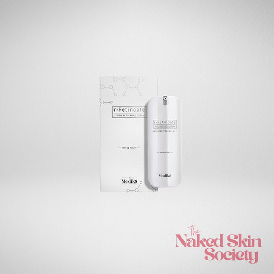 Medik8 skincare product packaging on a light gray background with 'The Naked Skin Society' branding.